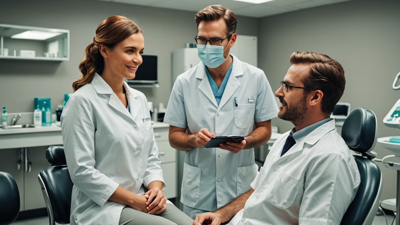 3 profesionales en un box dental interactuando de manera distendida
